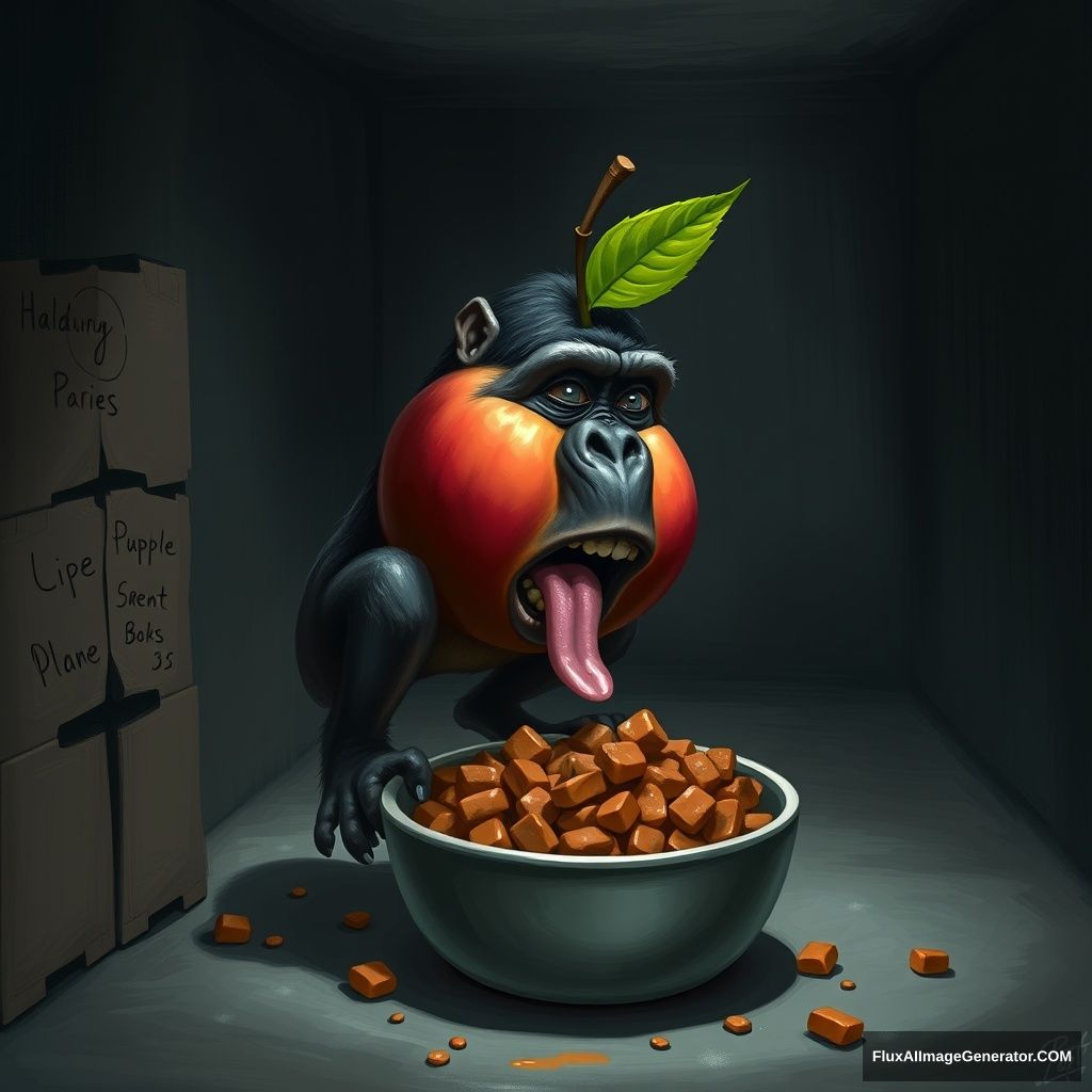 An apple with the face of a gorilla and crouching legs is perched over a bowl of dog food, licking it out with its tongue inside a dark basement, digital painting.