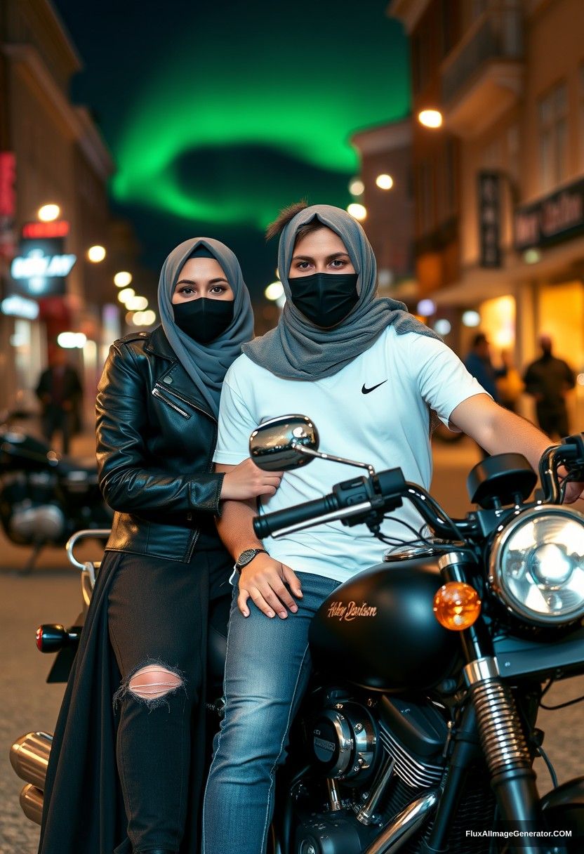 Jamie Dornan, tall, young, wearing a black face mask, a white Nike t-shirt, and jeans, 

dating a beautiful Muslim girl in a grey hijab, with beautiful eyes, also wearing a black face mask, a leather jacket, and the longest and biggest skirt, who is not tall, 

sitting together for a photo on a Harley Davidson motorbike, in town, photorealistic, street photography, night scenery, aurora borealis.