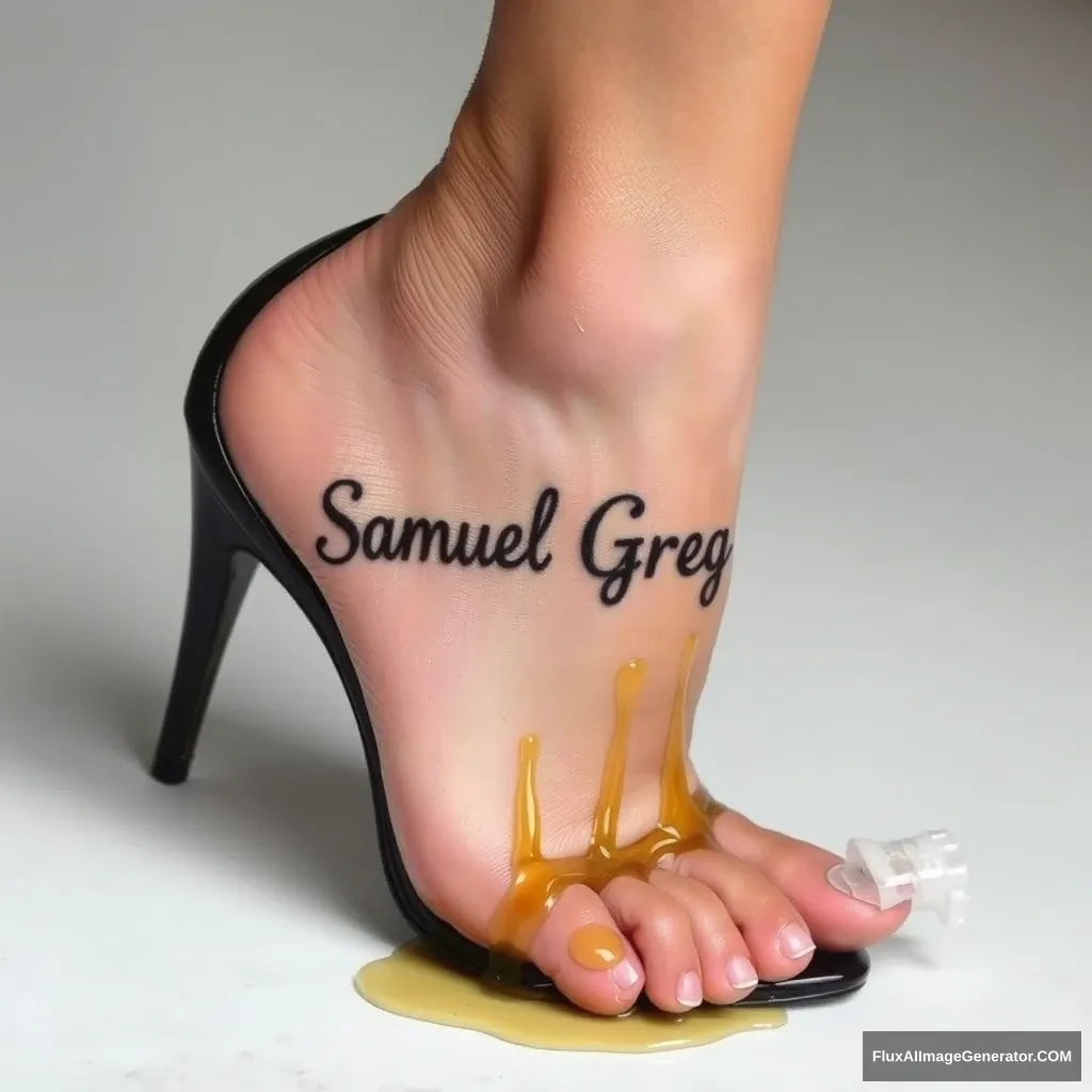 The name "Samuel Greg" on a woman's foot in a black high heel. There is oil all over the foot. - Image