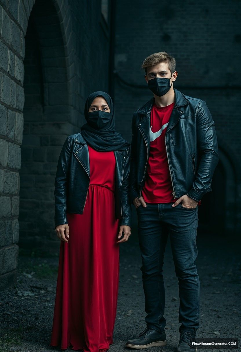 A tallest black hijab girl, beautiful eyes, black face mask, black leather jacket, largest red longest dress, not tall,

Jamie Dornan, handsome, black face mask, fit and tough body, Nike red t-shirt, black leather jacket, jeans, tall man,

standing near the wall together,
Hyper realistic, photorealistic, studio photography, Victoria's abandoned castle, gloomy, darkness.