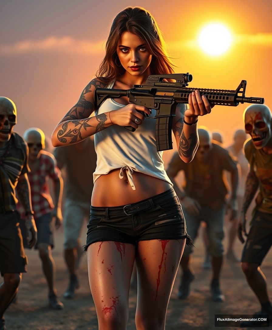 Portrait of a sexy woman in a white vest and black shorts, with lots of gypsy-style skull pattern tattoos on both arms and legs, scratched skin on her arms, splattered blood on both arms and legs, holding an AR-15 rifle with both hands, aiming, surrounded by scary zombies in different clothes, golden hour lighting, ray tracing, global illumination.