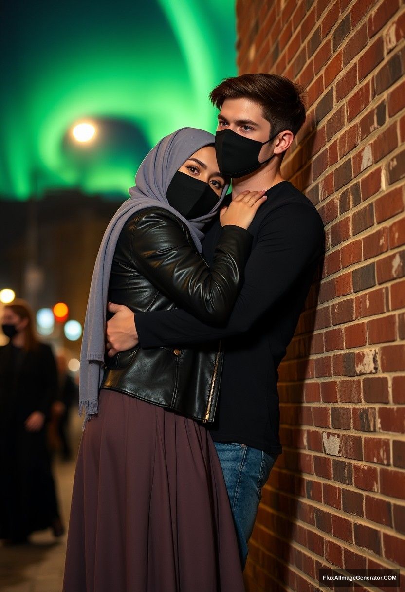 Jamie Dornan, tall, young, wearing a black face mask, a black long-sleeve playboy T-shirt, and jeans, 

dating a romantic love with a grey hijab-wearing Muslim girl with beautiful eyes, also wearing a black face mask, a leather jacket, and the longest, biggest skirt, who is not tall, 

laying on his shoulder, hugging him from behind, flirting with him, against a brick wall in town, photorealistic street photography, night scenery, aurora borealis.