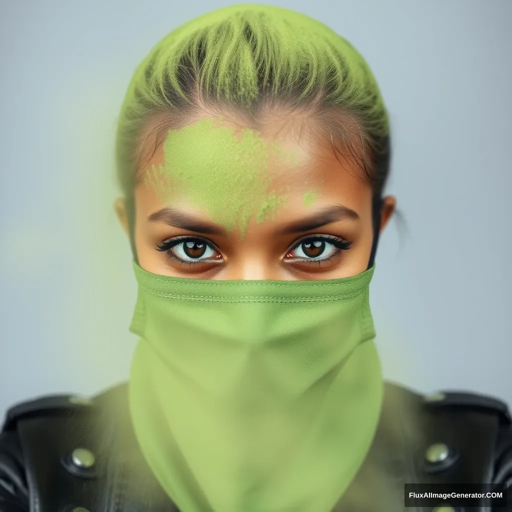 A big dusty green, beautiful eyes, face mask black, black leather jacket, floral juba. - Image