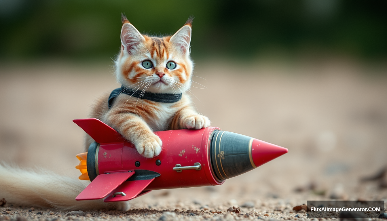 a cat riding a small rocket, 4k, photographic.