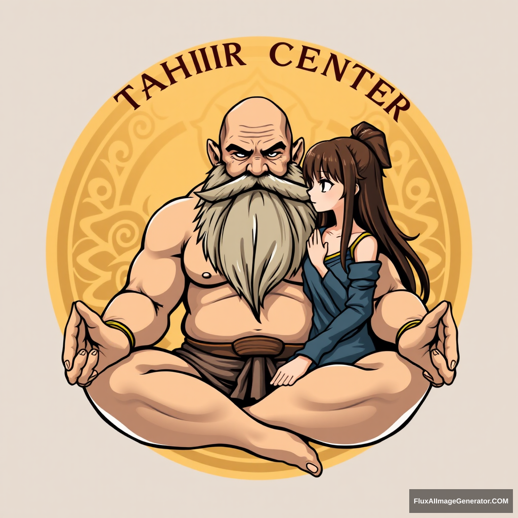 Tahir Yoga Center logo: a muscular large bald dwarf with a beard in the lotus position flirts with an anime girl.