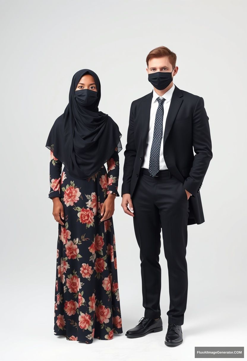 A biggest black hijab girl, slim girl, beautiful eyes, face mask black, biggest floral longest dress, standing

Jamie Dornan, youngest, black suit coat, white shirt, grey pattern tie, black leather sneaker, tall man, face mask black, fit tough body, standing near her,

hyper realistic, studio photography.