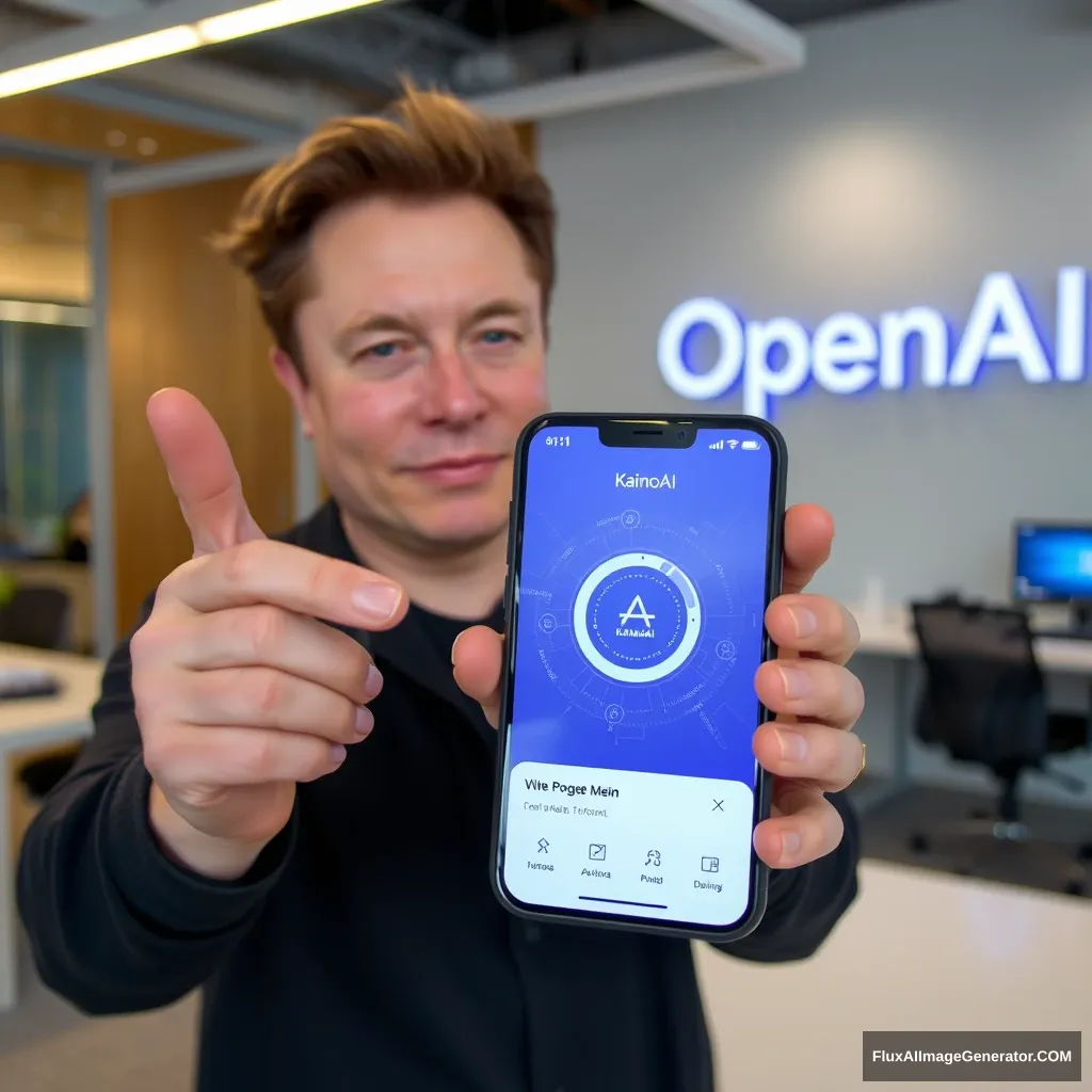 Elon Musk holds a phone and the phone screen shows the KainoAI app, with the background at the OpenAI office. - Image