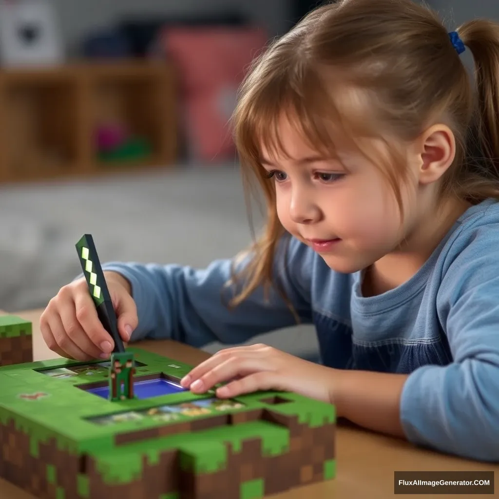 A little girl is playing Minecraft game. - Image