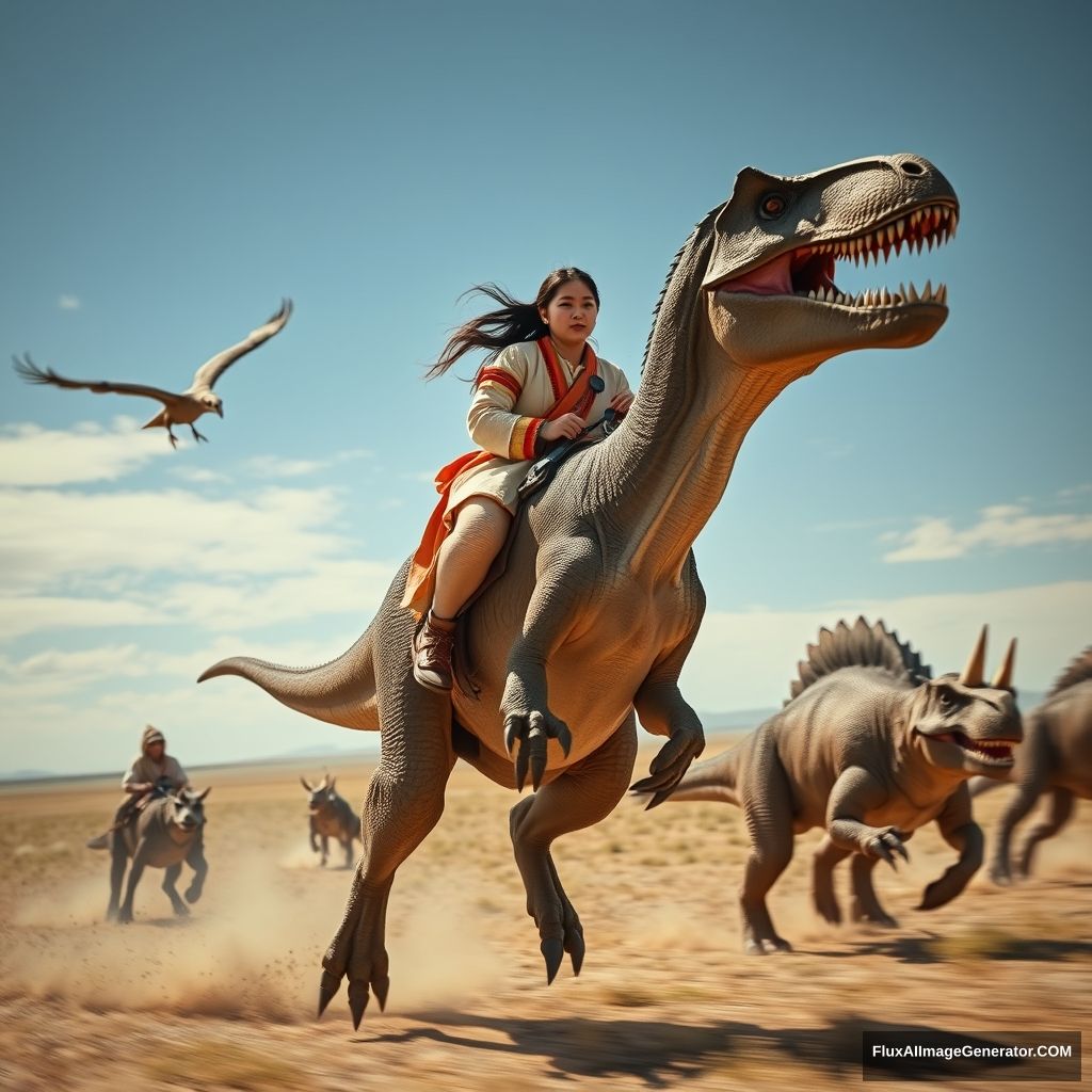 Close-up cinematic shot of a 20-year-old Mongolian woman wearing traditional Mongolian clothing riding a galloping T-Rex at high speed, with a Pterodactyl perched on its left hand, and a pack of Velociraptors and Triceratops running together in the Mongolian steppe, realistic photo.