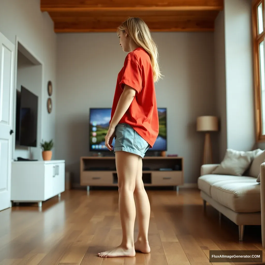 Side view of a young blonde skinny woman in her early twenties, standing in her large living room. She is wearing an oversized red polo shirt that is slightly off-balance on one shoulder, with the bottom part tucked in on all sides. She is also wearing small light blue denim shorts and is barefoot, standing with her arms straight down as she faces her TV.