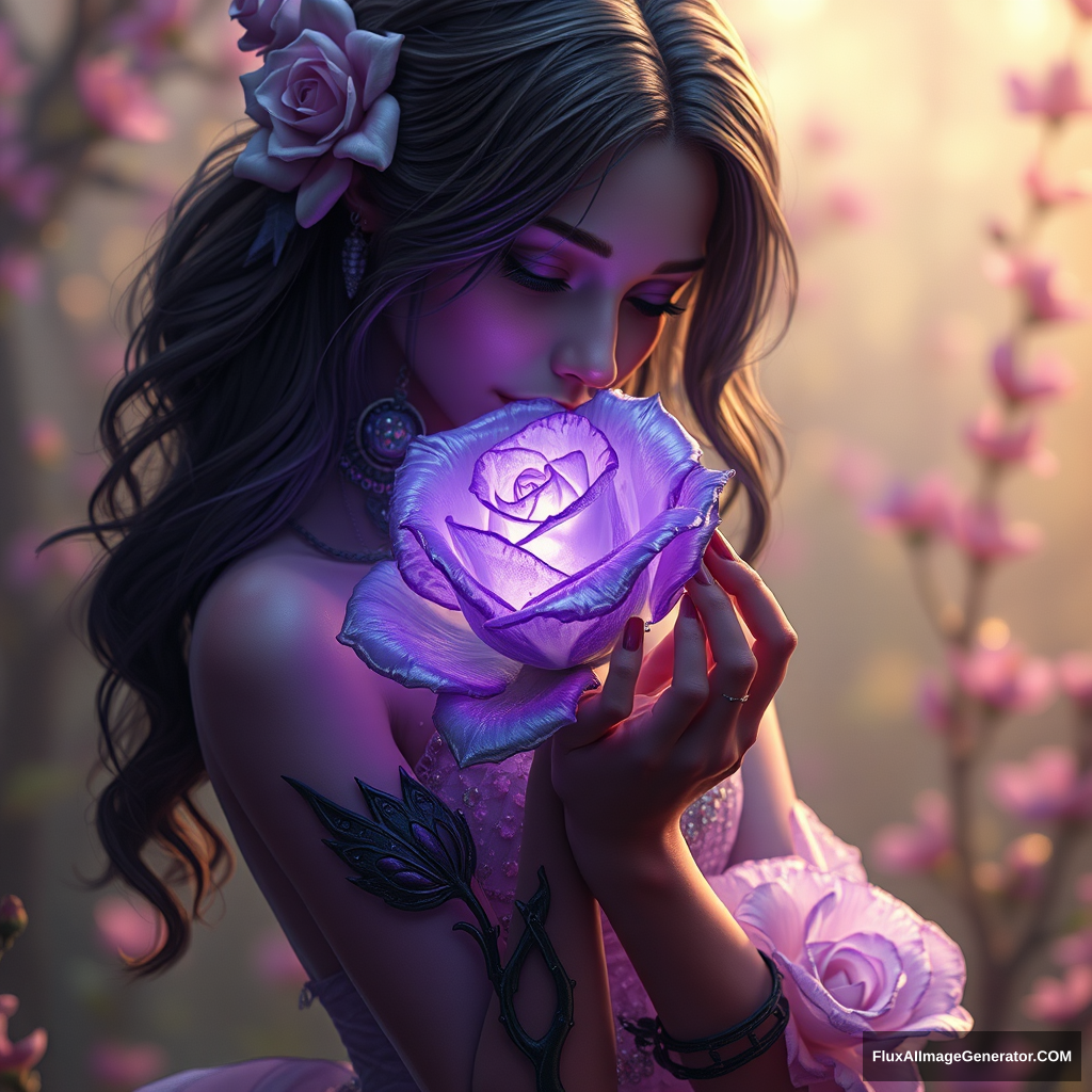 The biopunk beautiful girl in love holds a shining, transparent violet rose: extremely detailed, fantasy, intricate, hyperrealistic, 8K 3D, Greg Rutkowski, sci-fi horror. - Image