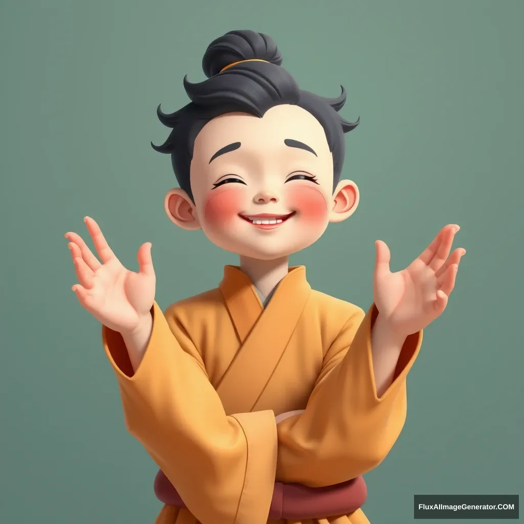 A graceful, meditative Taoist boy, smiling.