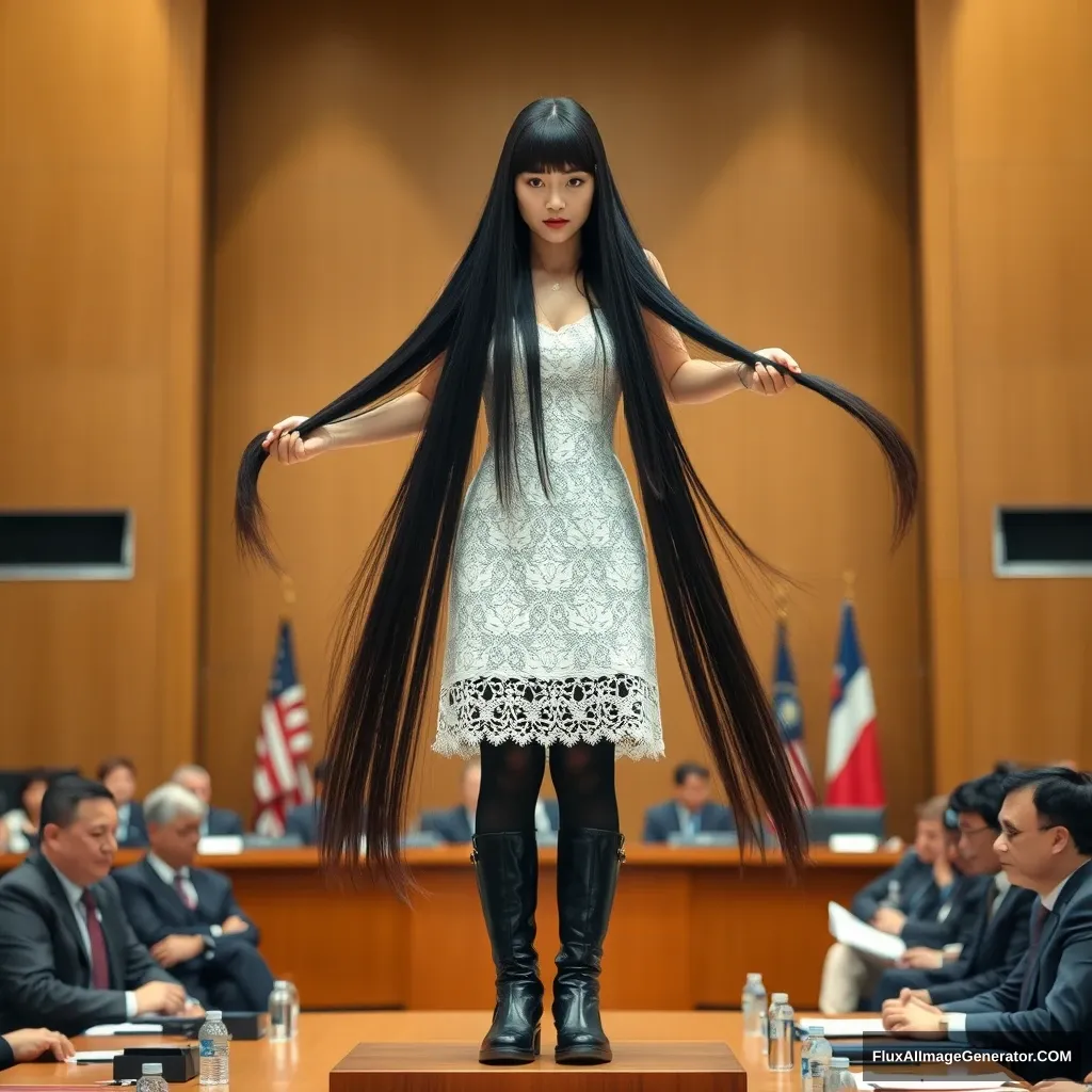 "A full-body photo of a Chinese female idol with absurdly long black straight hair and bangs, wearing black stockings and Martin boots on the lower half, and a white lace dress on the upper half, standing on a podium in a conference room cutting long hair, with politicians from various countries seated below." - Image