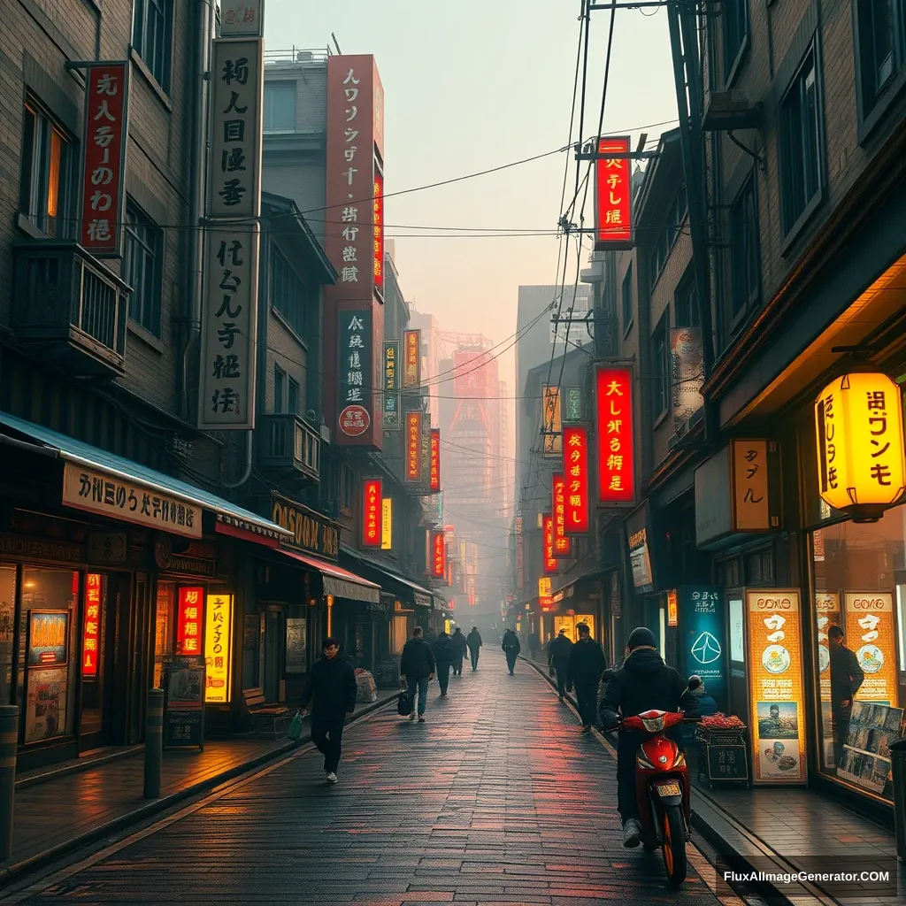 19th Century Seoul street in a cyberpunk world, unreal engine, hyper-realistic photo.