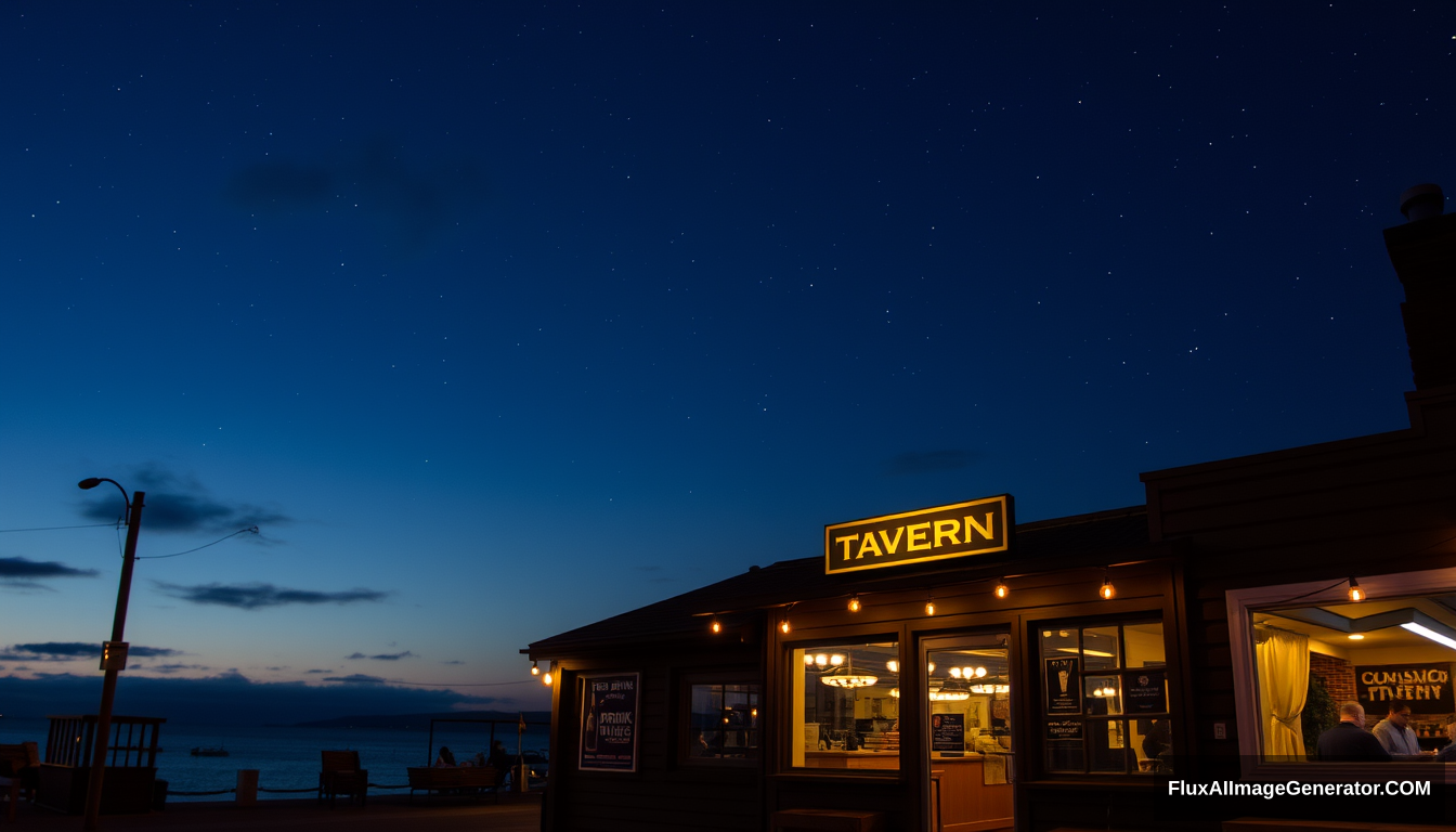 In the evening of a seaside town, the sky is dotted with stars, the tavern glows with yellow lights, there is a poster at the entrance depicting a wine bottle, and the poster also says "Second drink half price."