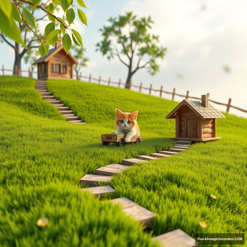 3D style, 3D model, outdoor hillside grass area, I grass area and wooden tracks, wooden car, cat food, kitten, wooden house, fence, sky, masterpiece, ultra-high quality, timan, leaves. - Image