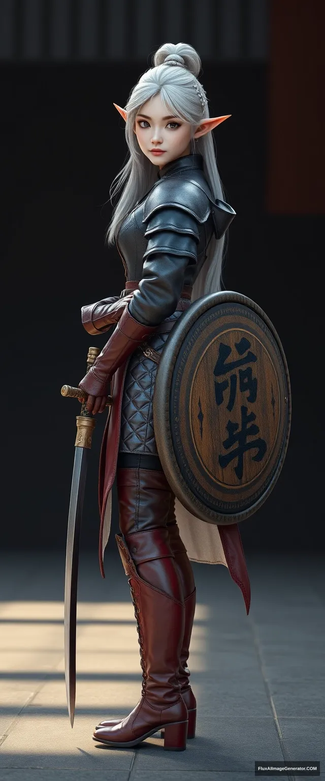 A gorgeous and elegant girl elf (Tousled & platinum colored hair, with a silveric hairpiece) is wearing leather armor (Korean traditional clothing style), with the skirt hemline at the back. The pus is on one side of the stain, red leather boots, holding a Korean traditional sword and round shield (written "KHAN"), hyper-realistic photo, unreal engine, front shot. - Image