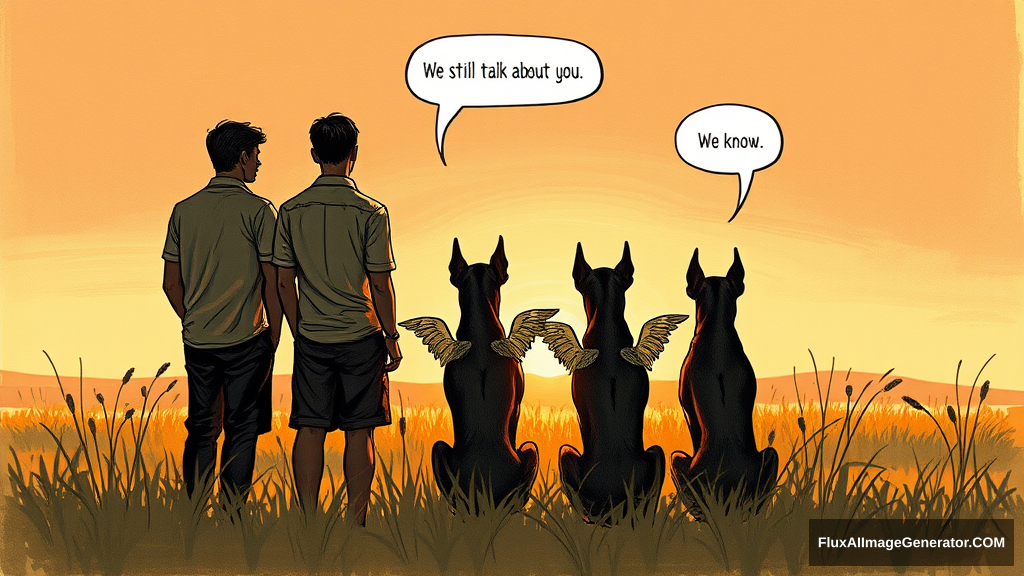 Messy, pencil sketch color illustration: 4 silhouetted figures—2 male, 2 female—stand in a lush meadow at golden hour. 3 ethereal, winged Dobermans sit beside them. Facing away from the viewer. Speech bubbles float above: "We still talk about you" (human), "We know" (dog). Nostalgic atmosphere, convey wistful longing.