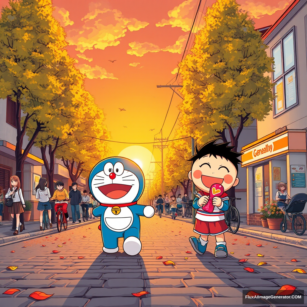 Style: Crayon art style, bright and vibrant, bold lines, rich colors.

Scene:

The setting sun casts a golden glow on the street, the sky is a gradient of orange and red, and the clouds look like cotton candy. The street is a typical Japanese street, with low houses on both sides, painted in light colors, and windows with cute cartoon stickers. The street is bustling with people, including students in uniforms going home from school, office workers riding bicycles, and young mothers pushing strollers. Tall trees line both sides of the road, their leaves dyed golden by the setting sun, with a few birds perched on the branches. There's a small store on the street, with a sign that says "General Store," and several pots of bright flowers in front of it. Doraemon and Crayon Shin-chan walk side by side on the street, Doraemon carrying his square pocket and holding a bag of strawberry-flavored candy, while Shin-chan happily holds a huge lollipop, with a radiant smile on his face. The ground is made of rough cobblestone, with some fallen leaves scattered around, giving off a faint fragrance. - Image