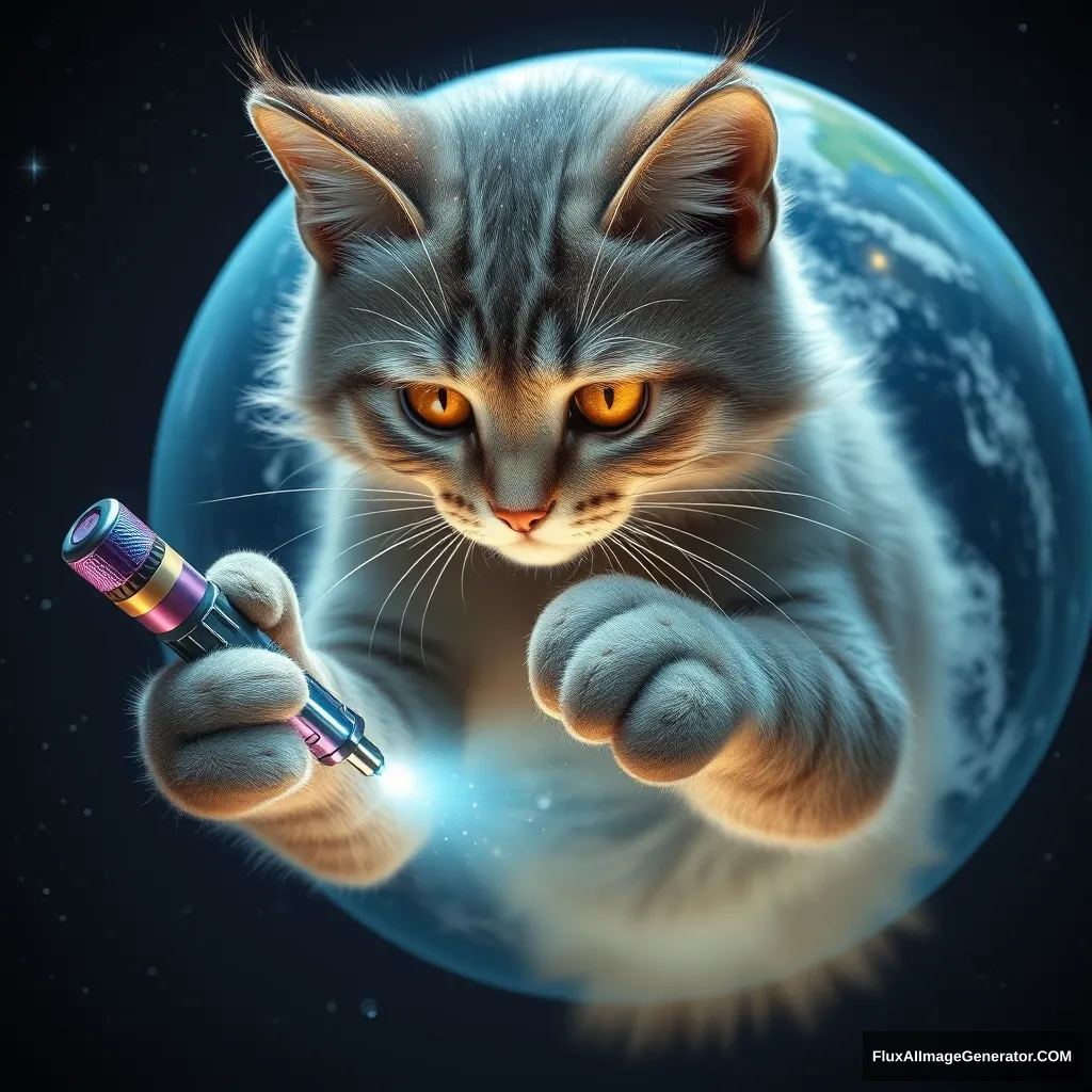 A hyper-realistic cosmic feline mechanic, fur glistening with stardust, meticulously repairs an azure Earth-like planet. Golden eyes focused, paws deftly wield an iridescent quantum screwdriver. Suspended in the velvet void of space, the scene exudes determination and hope for universal harmony.