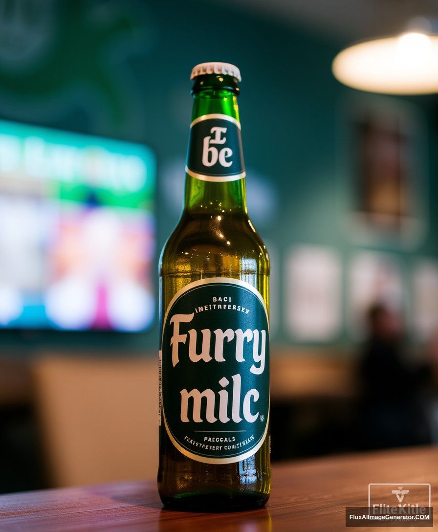 A beer bottle with the words "Furry milc" standing on the table. - Image