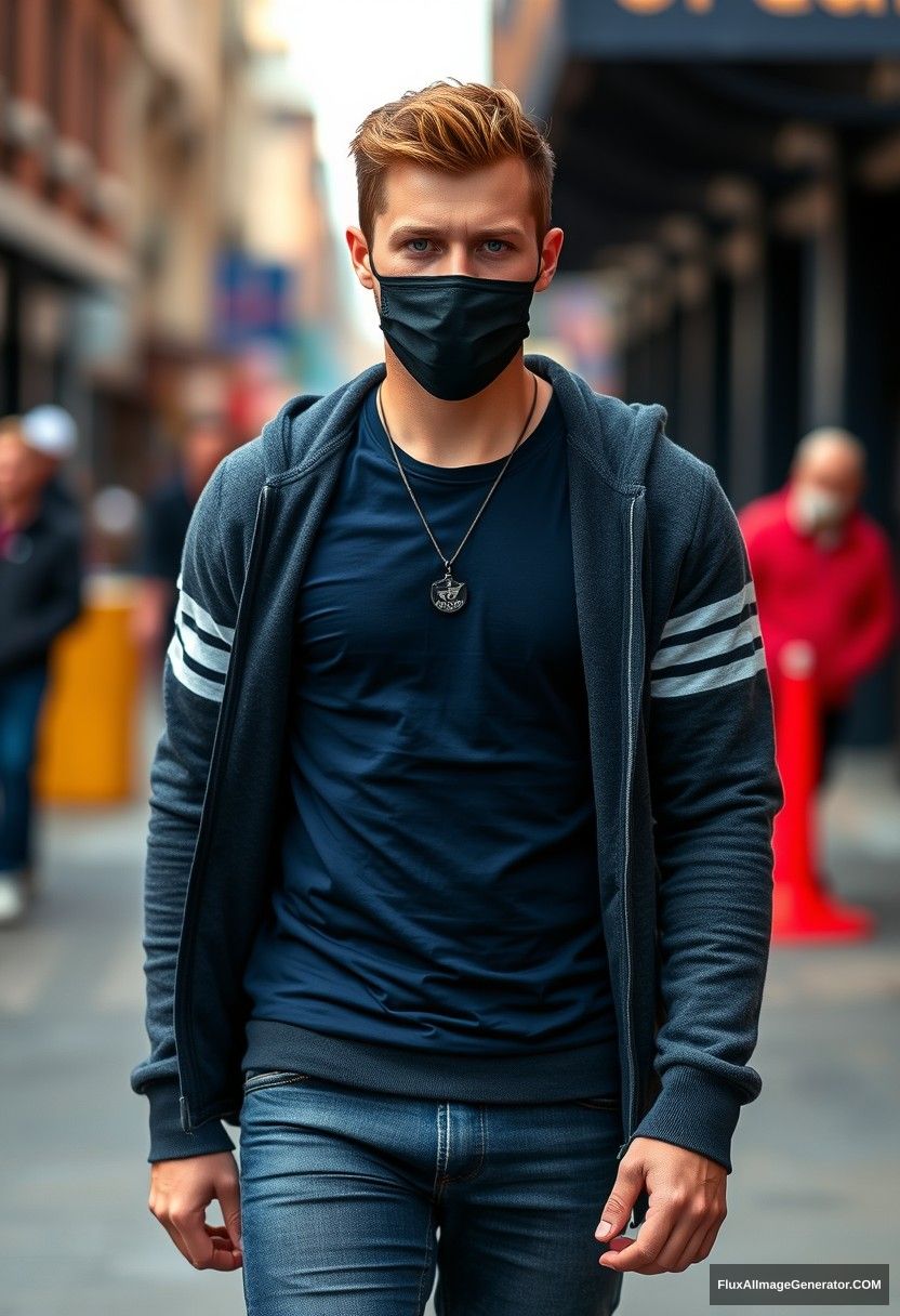 Jamie Dornan, handsome, blue eyes, wearing a black pendant, black face mask, dark blue Adidas t-shirt, sweater jacket, jeans, black sneakers, fit body, photorealistic, street photography, full photography.