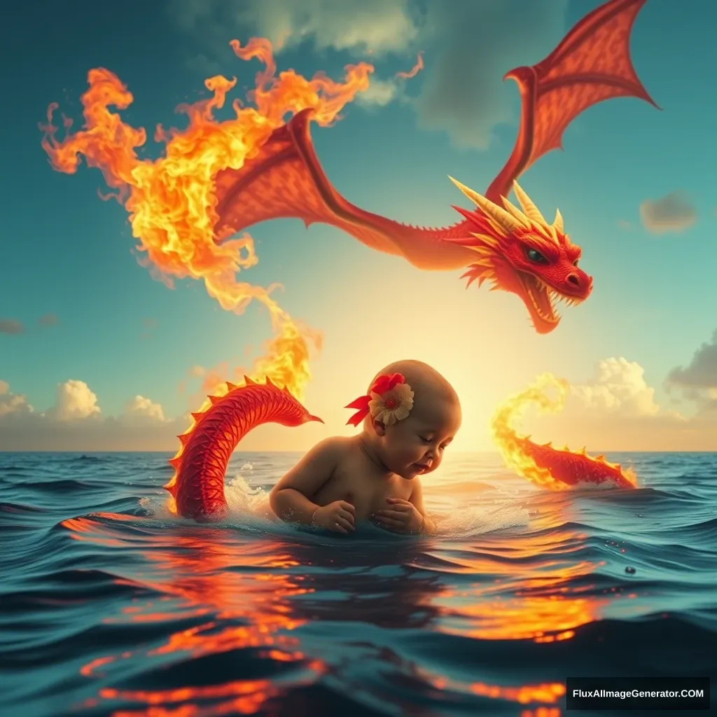 A human baby is born in the sea, wide view with a fire dragon in the sky.