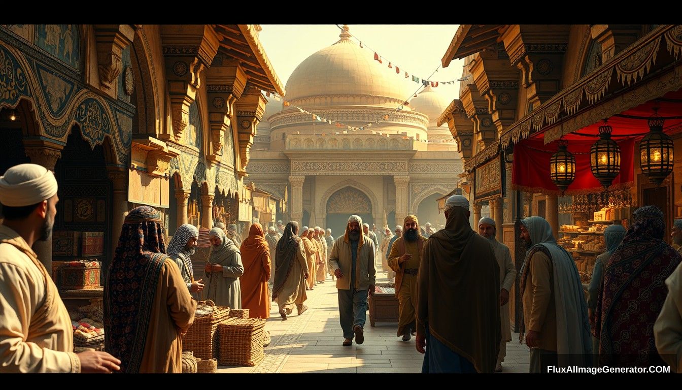 A cinematic portrayal of the Umayyad Dynasty's golden age. Include detailed scenes of scholars, artists, and merchants in a bustling, sophisticated marketplace, highlighting innovations and cultural exchanges in high-resolution, realistic detail. - Image