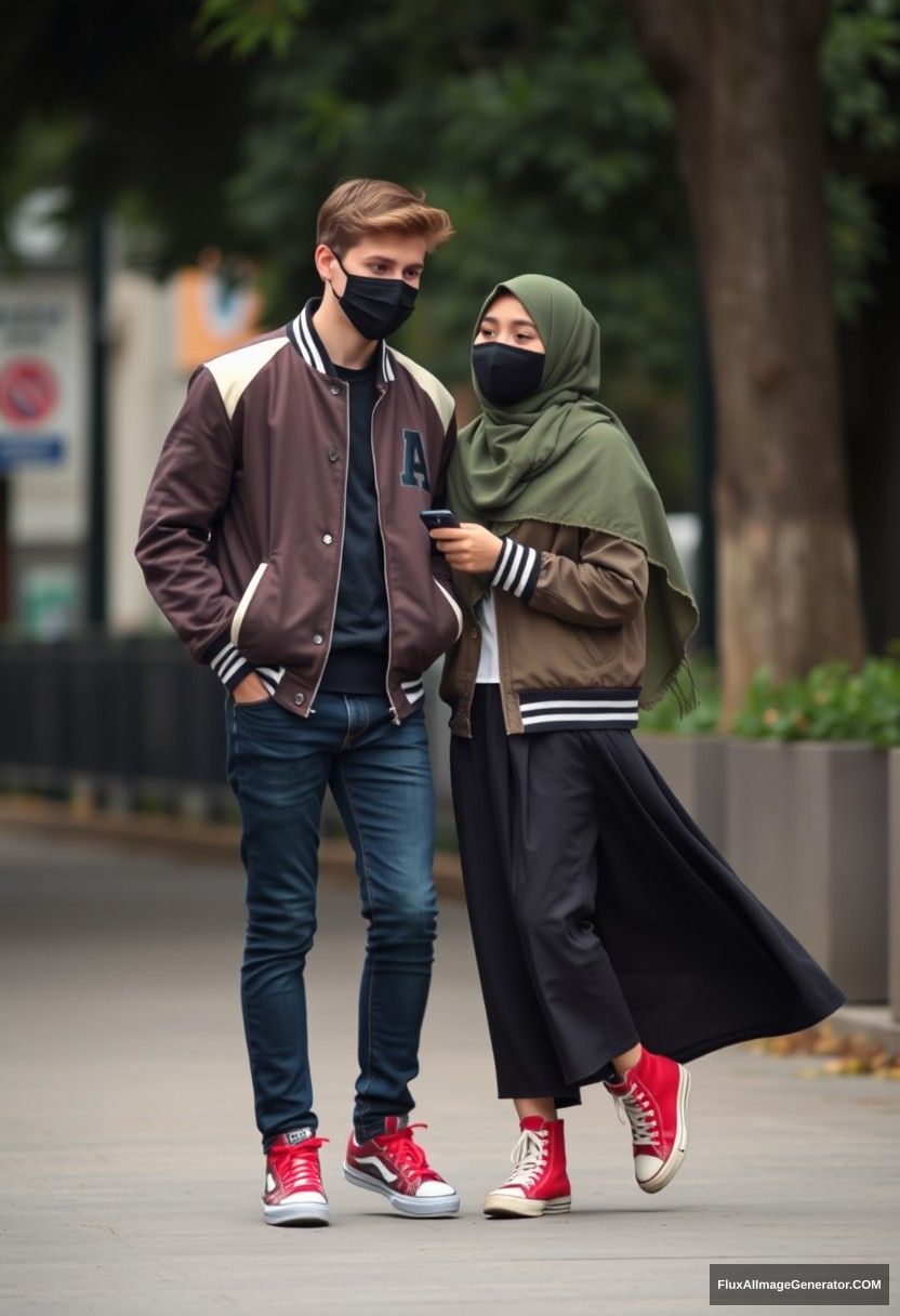 Jamie Dornan, young, black face mask, capital A collage jacket, jeans, red sneakers, dating in a romantic context with a Muslim girl wearing a large army green hijab, beautiful eyes, black face mask, college jacket, the biggest and longest skirt, red high-top sneakers, not a tall girl, photorealistic, realistic, street photography, full photography. - Image