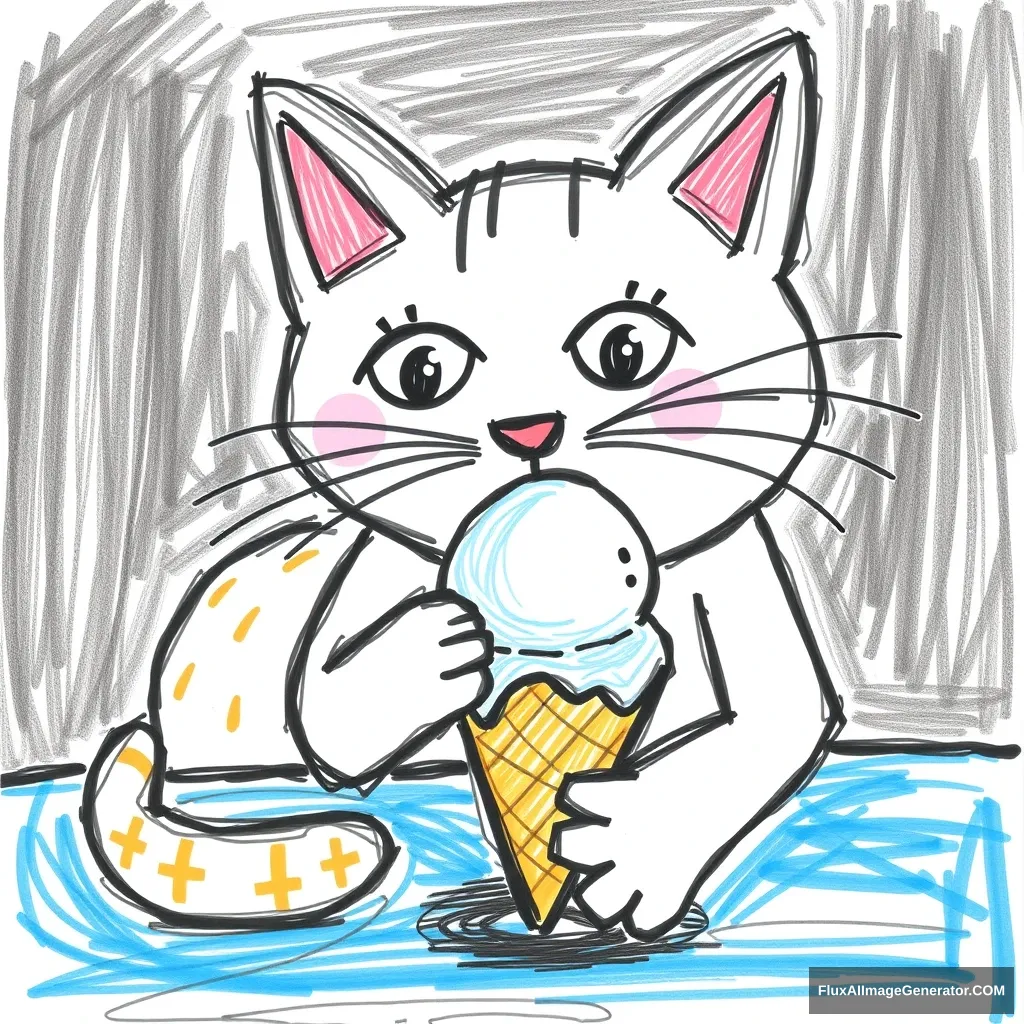 Cat eating ice cream, a crappy drawing by a 3-year-old, no logo. - Image