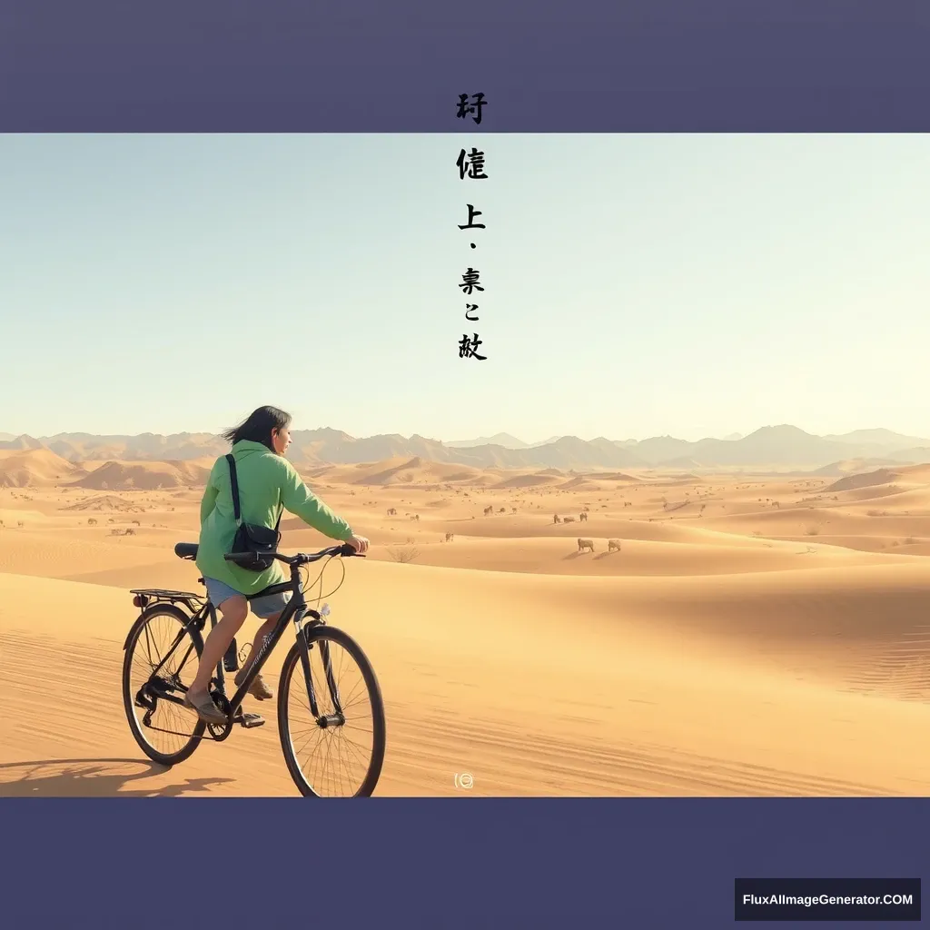 "In the desert, someone is riding a bicycle, with Chinese characters or Japanese." - Image