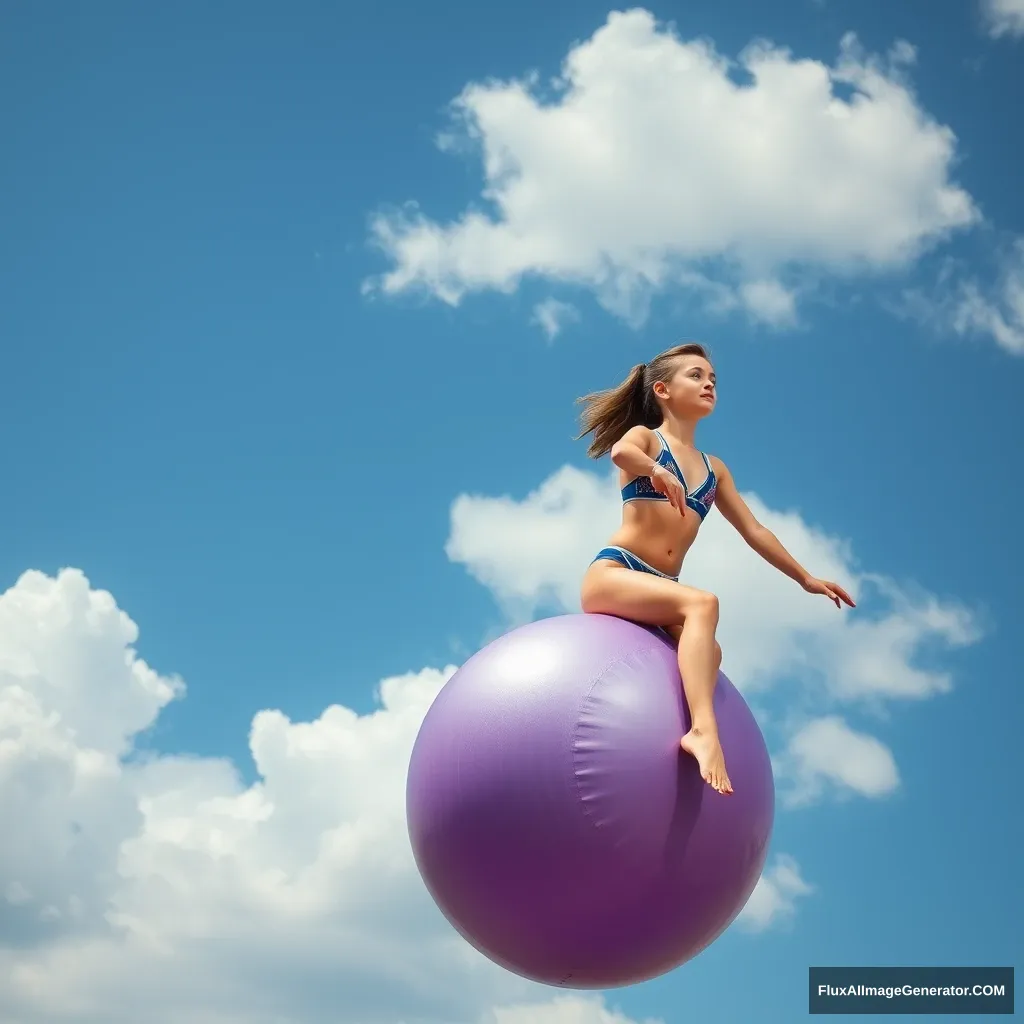 "Create a photo: A girl in swimwear is sitting on a gymnastic ball. She is flying through the clouds."