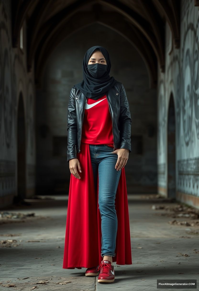 A biggest black hijab girl, beautiful eyes, face mask black, black leather jacket, biggest red longest dress, not tall, standing holding his arm,

Jamie Dornan, handsome, youngest, face mask black, fit and tough body, Nike red t-shirt, black leather jacket, jeans, red sneakers, tall man,

Hyper-realistic, photorealistic, studio photography, Victoria's abandoned castle, gloomy. - Image