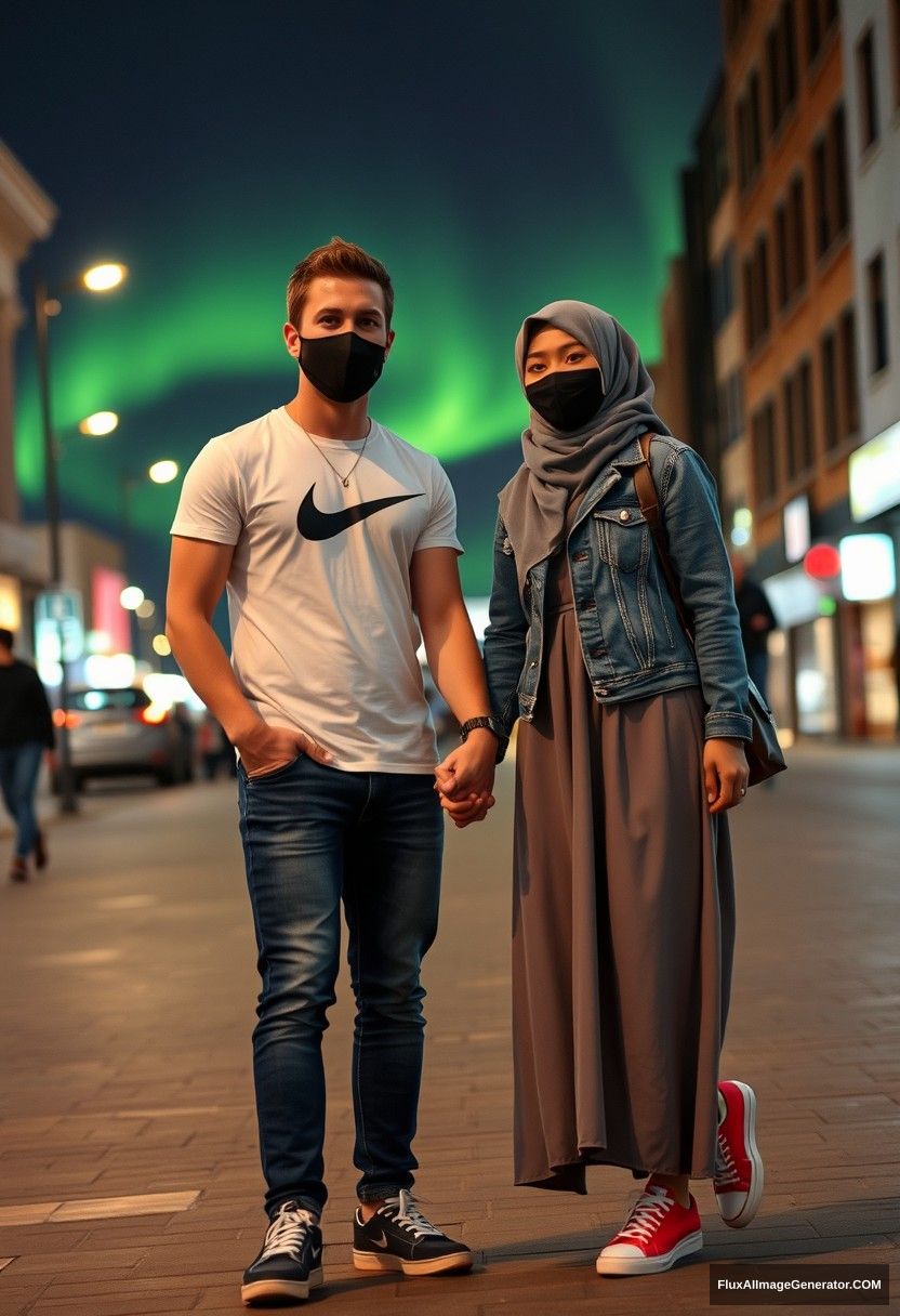 Jamie Dornan, handsome, black face mask, white Nike t-shirt, jeans, sneakers, dating romantically with a grey hijab-wearing Muslim girl, beautiful eyes, black face mask, denim jacket, very long and large skirt, not a tall girl, red sneakers, holding hands, in town, photorealistic, street photography, full photography, selfie photos, night scenery, aurora.