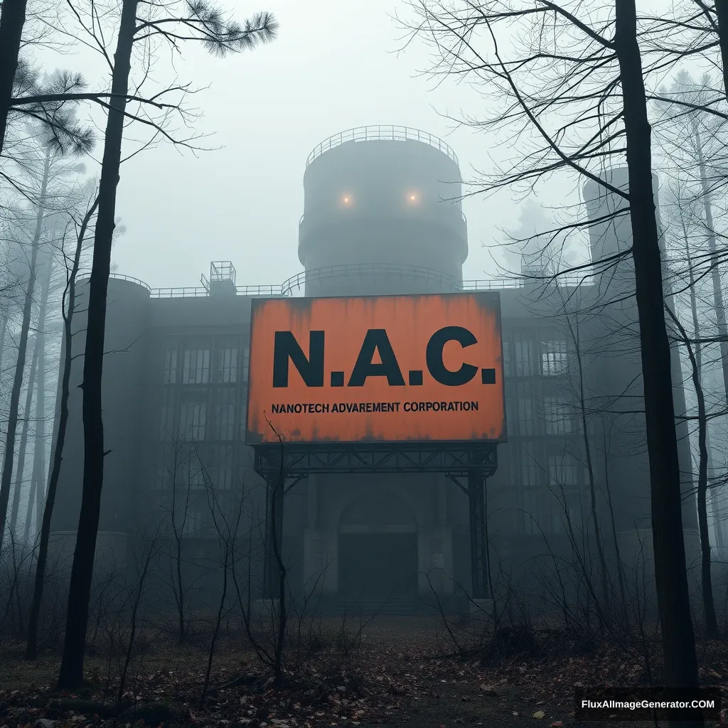 abandoned huge weapons factory with black and orange N.A.C. "Nanotech Advancement Corporation" sign in the forest, in the fog