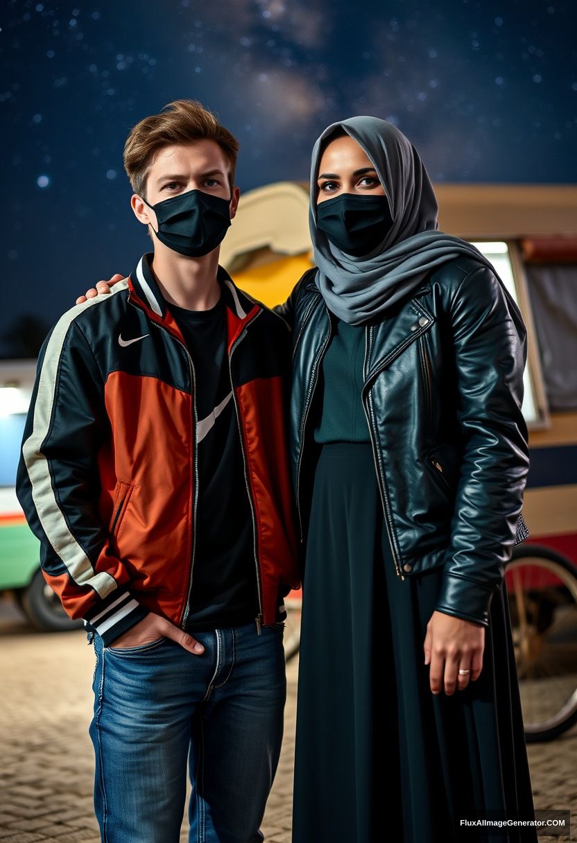 Jamie Dornan, youngest, black face mask, collage jacket, Nike t-shirt, jeans, tall man, fit body,

Dating, love with the biggest grey hijab Muslim girl, beautiful eyes, black face mask, leather jacket, biggest longest skirt, cute short girl,

standing at a caravan, night scenery, Milky Way, hyper-realistic, photorealistic, street photography.