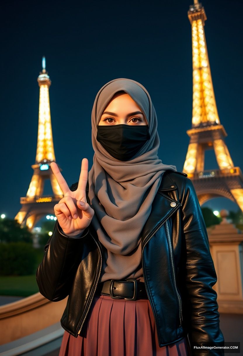 Biggest grey hijab Muslim girl, beautiful eyes, black face mask, leather jacket, biggest longest skirt, standing near the Eiffel Tower, night scenery, hyper realistic, photorealistic, selfie photos, peace hand.