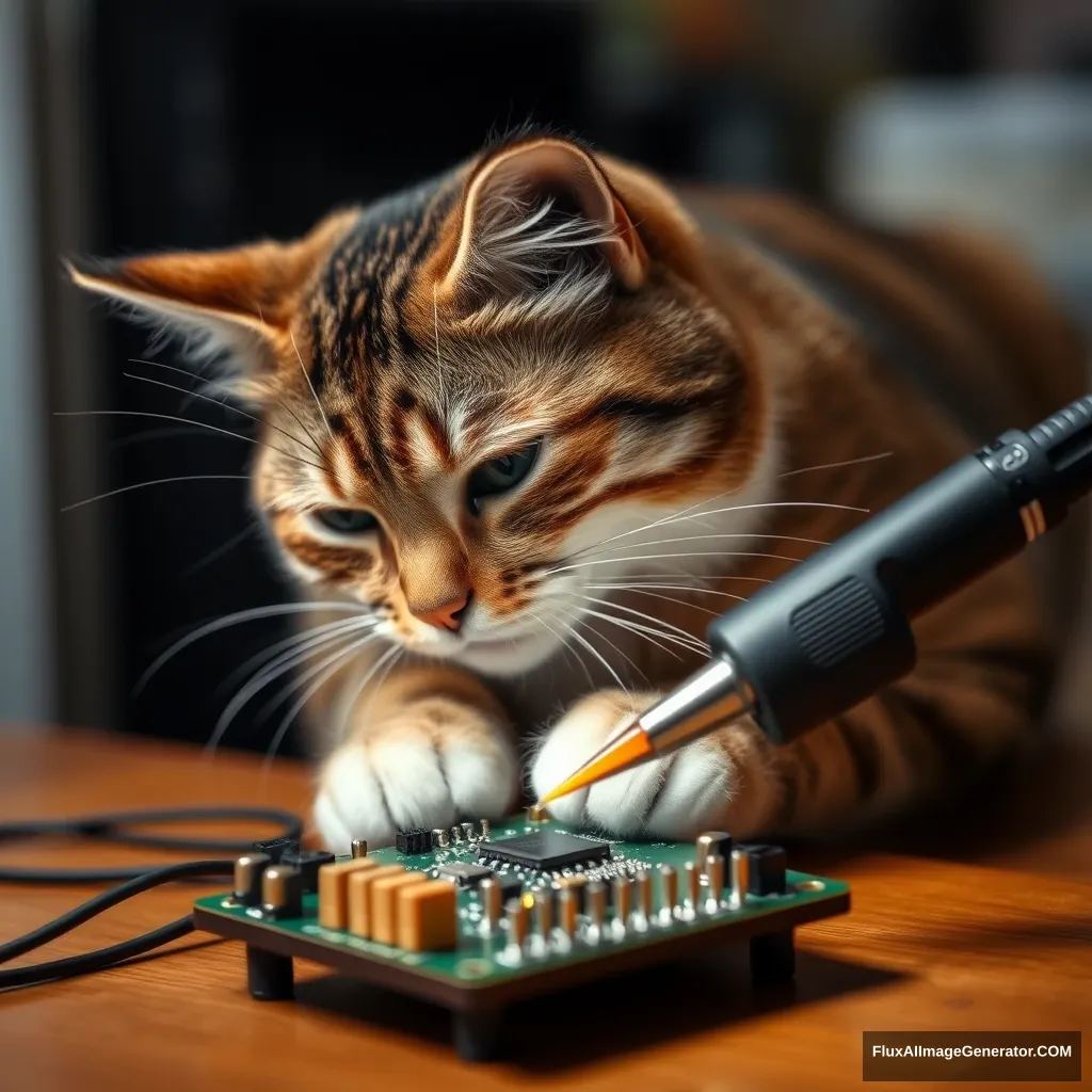 a cat fixing a PCB with a soldering iron