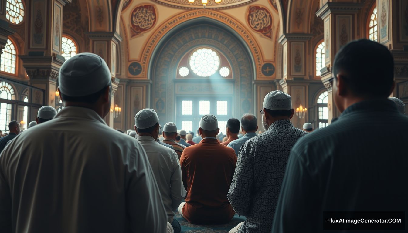 An inspirational and uplifting scene showing Muslims united in prayer and reflection, set in a beautiful mosque with intricate architecture. Ultra HD, realistic, inspirational, with warm and cinematic lighting.