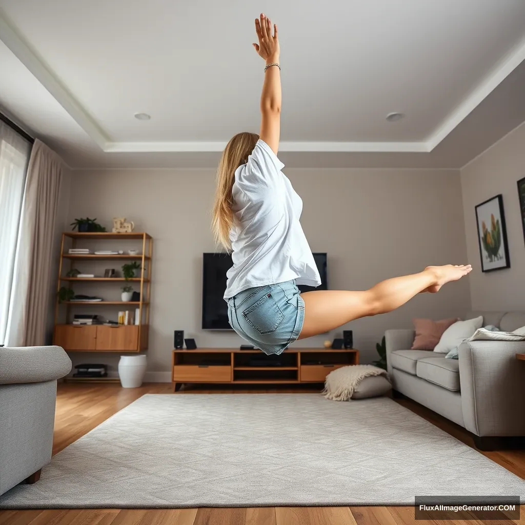 Side view angle of a blonde skinny woman who is in her massive living room wearing a massively oversized white t-shirt which is also very off-balance on one of the sleeves for the shoulders and wearing oversized light blue denim shorts that aren't rolled up and she is wearing no shoes or socks. She faces her TV and dives headfirst into it with both her arms raised below her head and her legs high up in the air, and she is at a 60-degree angle. - Image