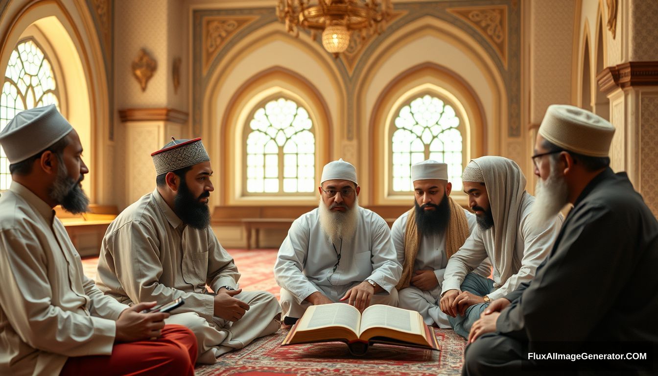 A group of Muslims earnestly discussing in a calm and scholarly environment. Ultra HD, realistic, educational, with warm and cinematic lighting. - Image