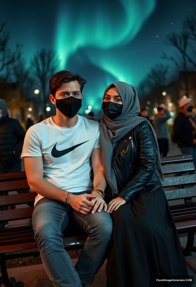 Jamie Dornan, tall, young, wearing a black face mask, a white Nike T-shirt, and jeans, is dating a beautiful Muslim girl in a grey hijab, with lovely eyes, a black face mask, and a leather jacket, who is wearing the longest and largest skirt. She is not tall. They are sitting romantically together on a park bench in town, with strangers in the background. The scene is photorealistic, resembling street photography and selfie photos, set against a night backdrop featuring the aurora borealis. - Image