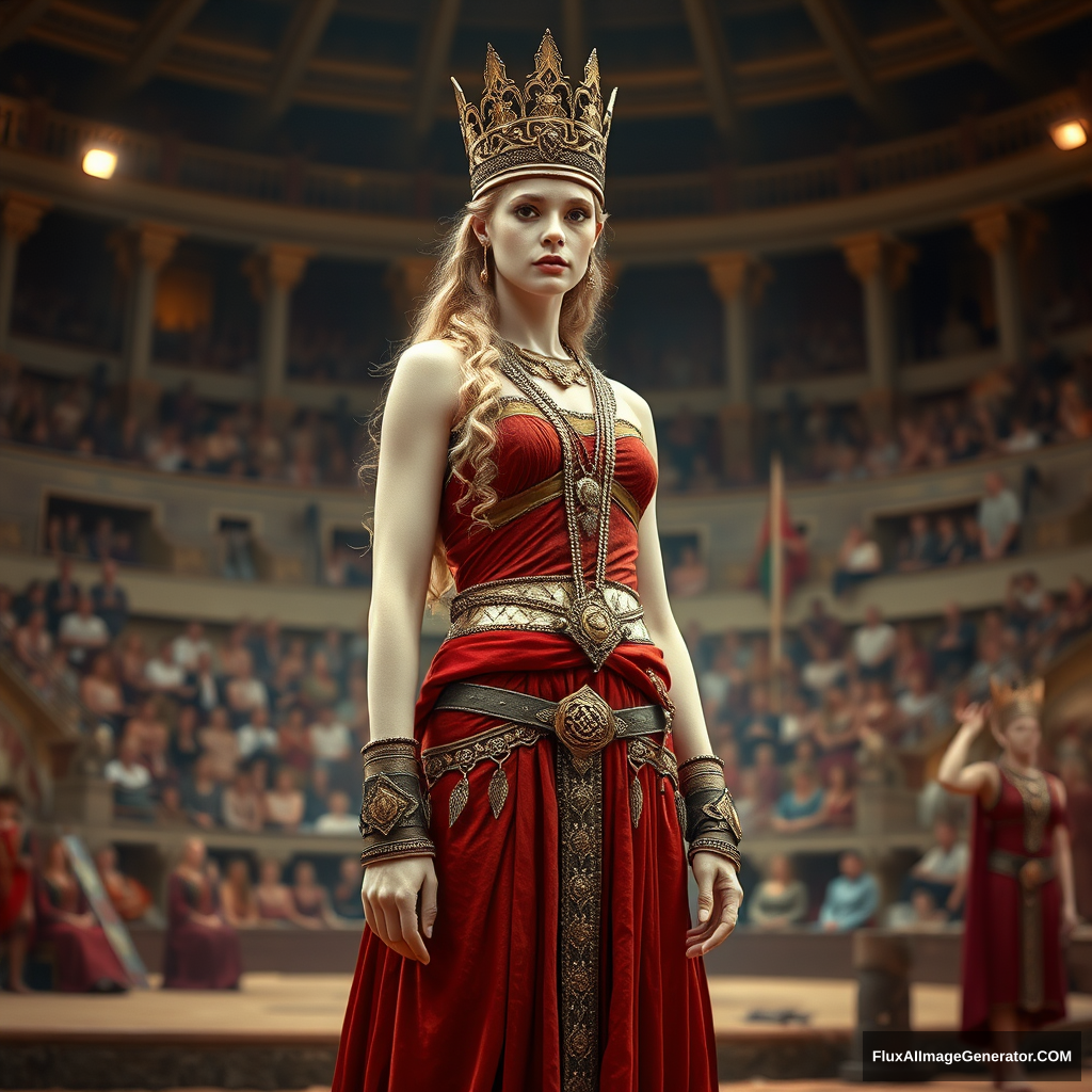 (A very very very very very beautiful and gorgeous ancient Queen of wrestling standing in the arena. She looks very very very very very very very very very very very very beautiful and gorgeous, has pale white skin, and is wearing very long royal clothes.) - Image