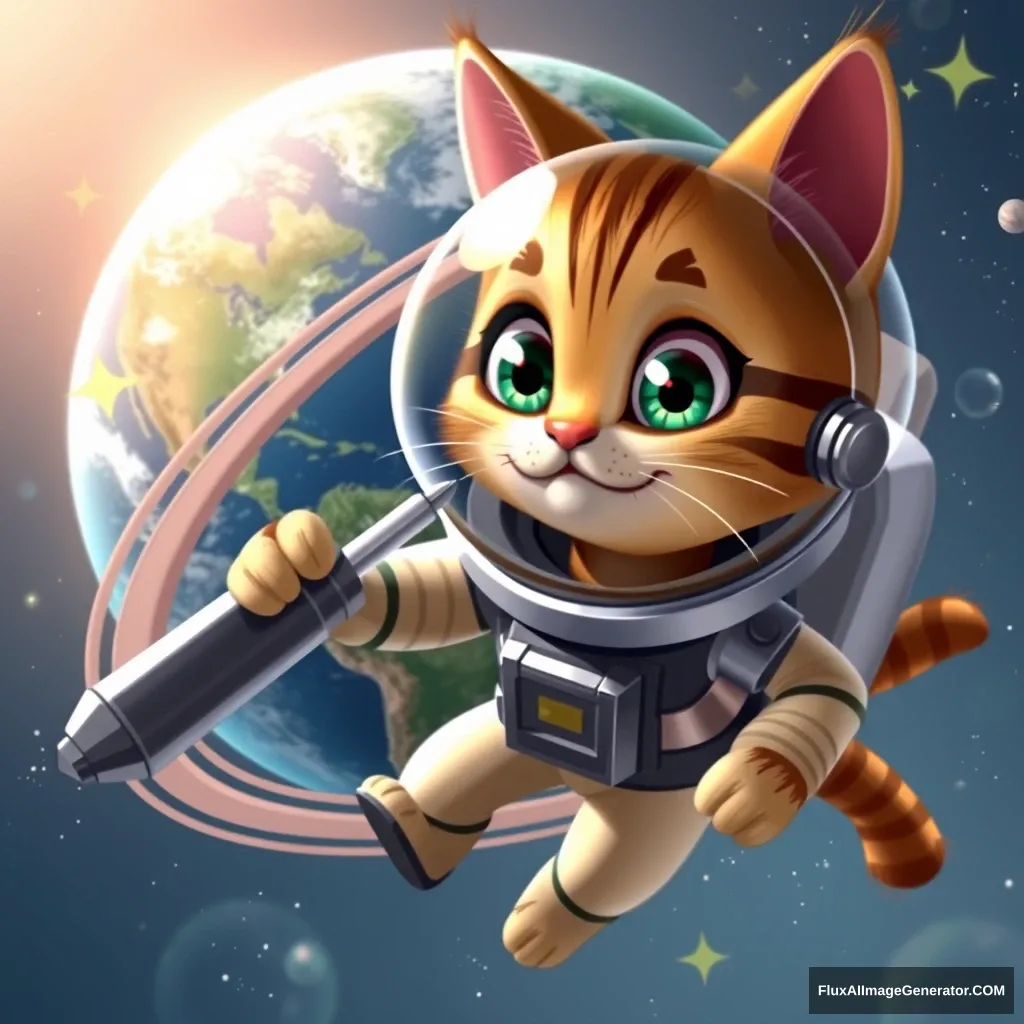 A whimsical Pixar-style scene: an anthropomorphic tabby cat in a space suit, floating near a vibrant Earth-like planet. The cat wields an oversized, cartoonish screwdriver, carefully adjusting the planet's rings. Stars twinkle playfully, reflecting in the cat's wide, determined eyes.