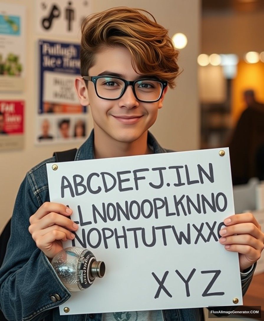 Cute feminine male holding a sign with the words "ABCDEFGHIJKLMNOPQRSTUVWXYZ."