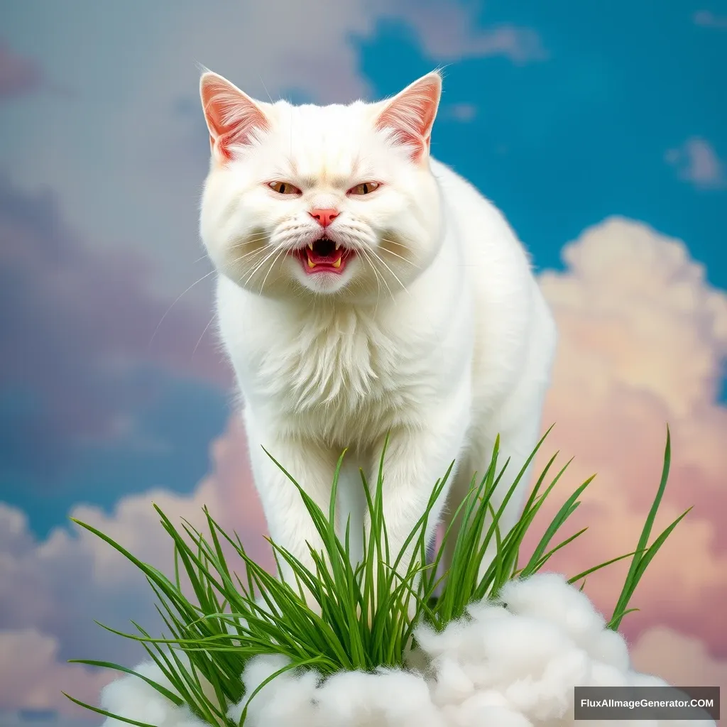 A strong white cat stands on a colorful cloud and its mouth is eating the green grass.