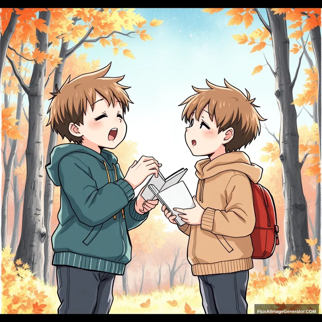 Two eight-year-old twin boys singing together in the autumn forest. Anime style with pen sketch. - Image