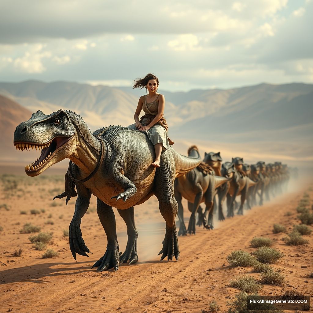 Ancient Mongolian caravan of Velociraptors walking through the Mongolian Gobi Desert, ahead of the caravan is a beautiful young woman riding a Dinosaur T-rex, location Mongolia, realistic photo, 4K.