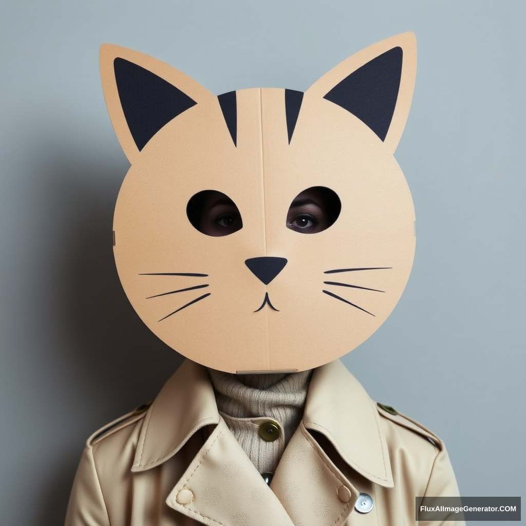 A woman wearing a beige trench coat with a big round cardboard cat mask on her head, the eyes and mouth of an oversized cartoon face are cut out from the cardboard, in the style of Tim Walker.