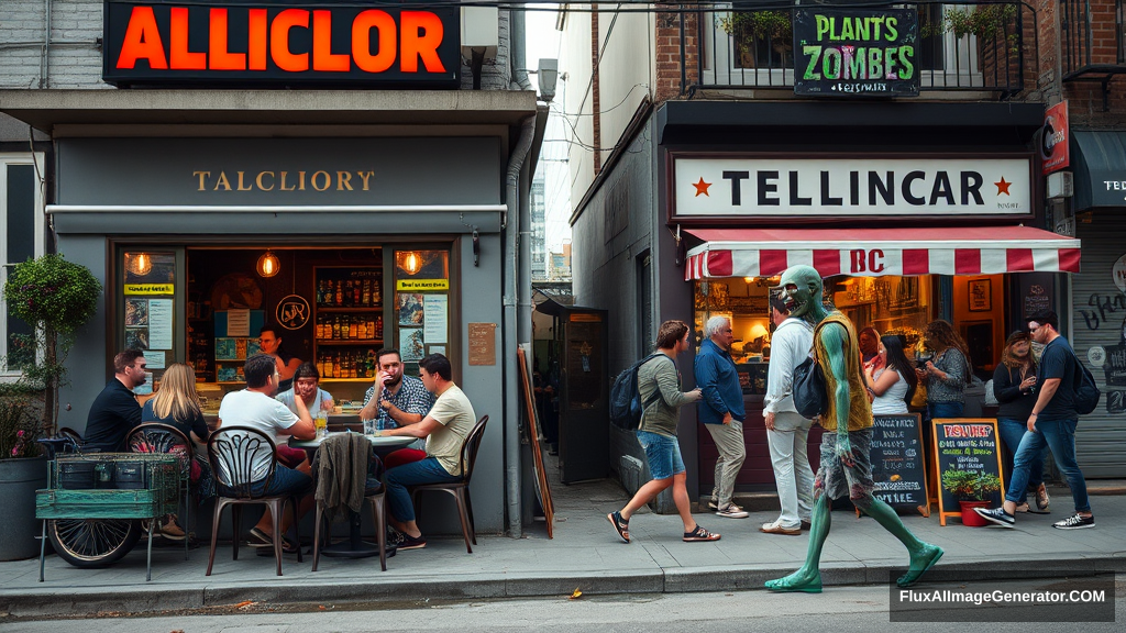 Real-life photography: There are two small shops selling alcohol, with tables and chairs set up outside, where many young men and women are drinking and chatting. A zombie (like the zombies from Plants vs. Zombies) walks by.